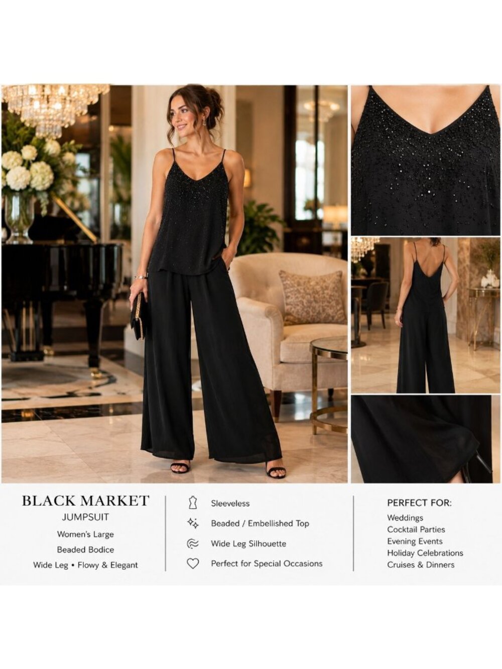 Black Market Palazzo Jumpsuit Women L Beaded Sleeveless Evening Formal Flowy